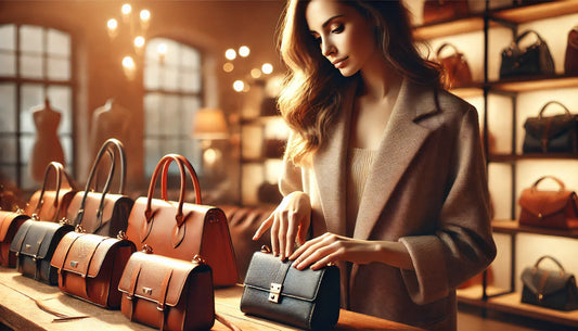 Mujer eligiendo bolsos de piel en boutique elegante, tocando cuidadosamente el cuero. Imagen que refleja decisión de compra y lujo silencioso.