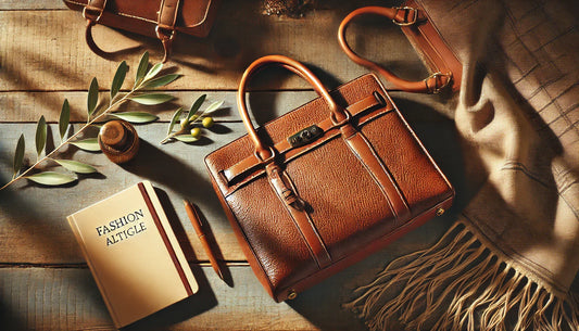 Bolso de piel auténtica sobre mesa de madera rústica con libreta y rama de olivo, en luz cálida natural. Representa artesanía y calidad italiana.